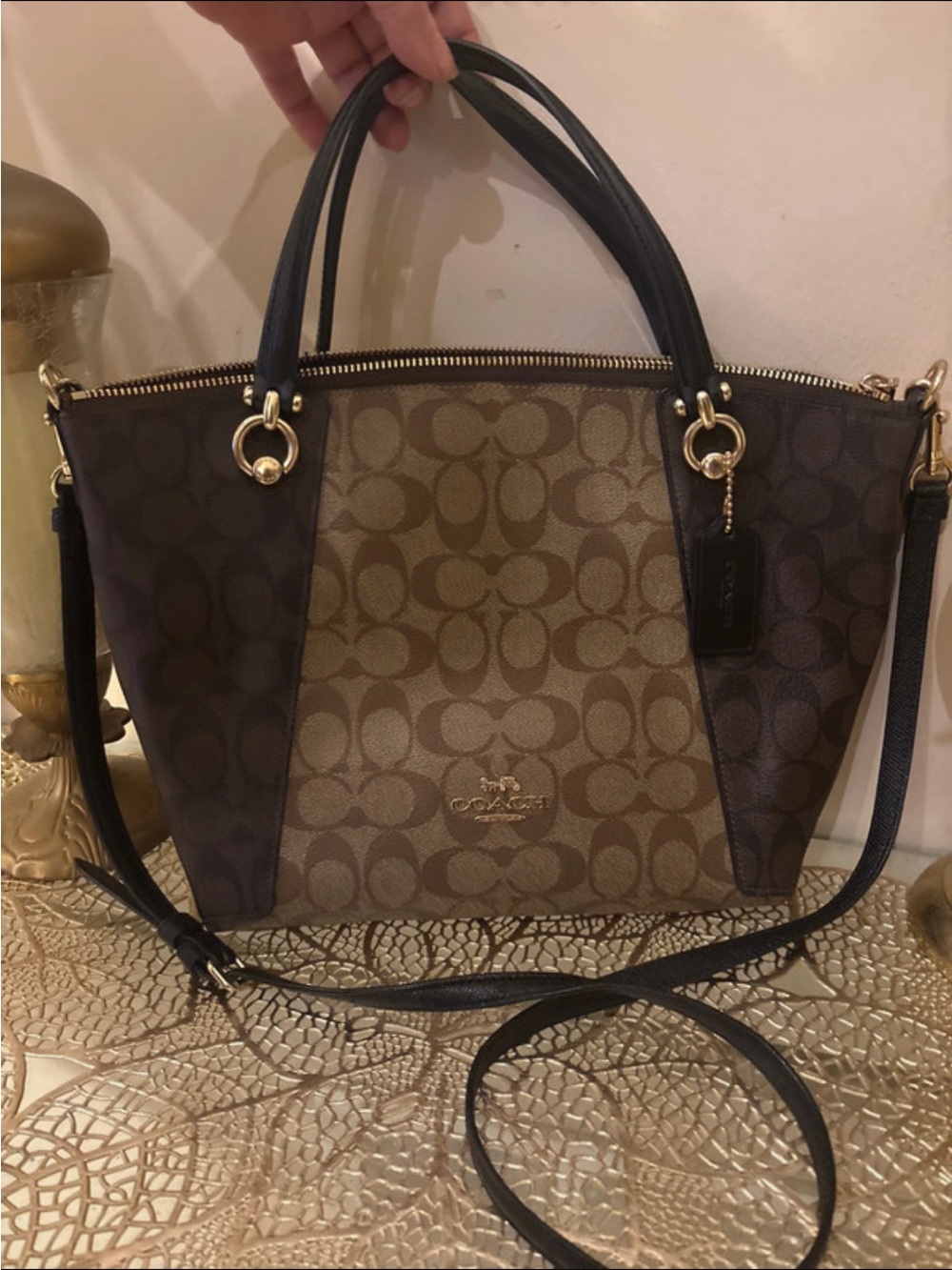 Coach Two-Tone Brown Signature Canvas Tote with Black Trim